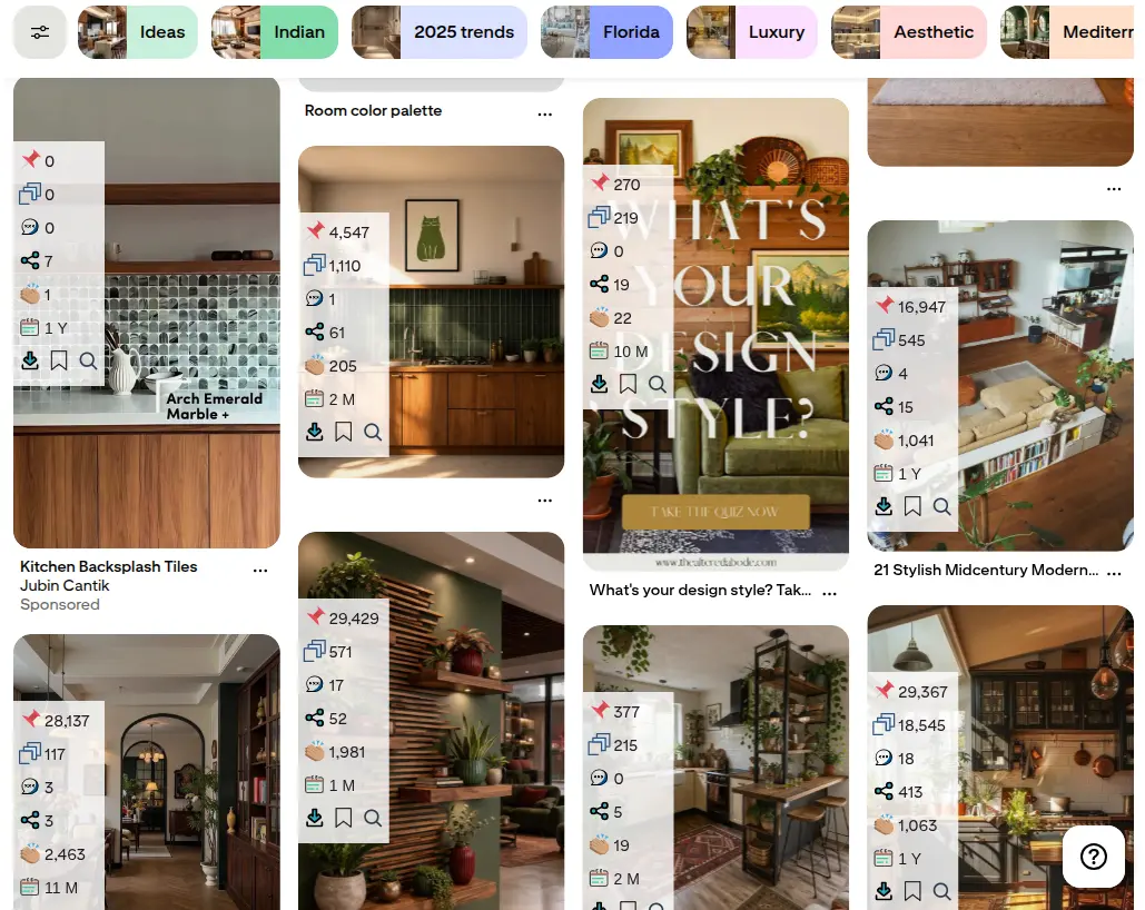 Pinterest search results with the Pin Stats overlay on each pin, showing saves, repins, comments, shares and how long ago the pin was created
